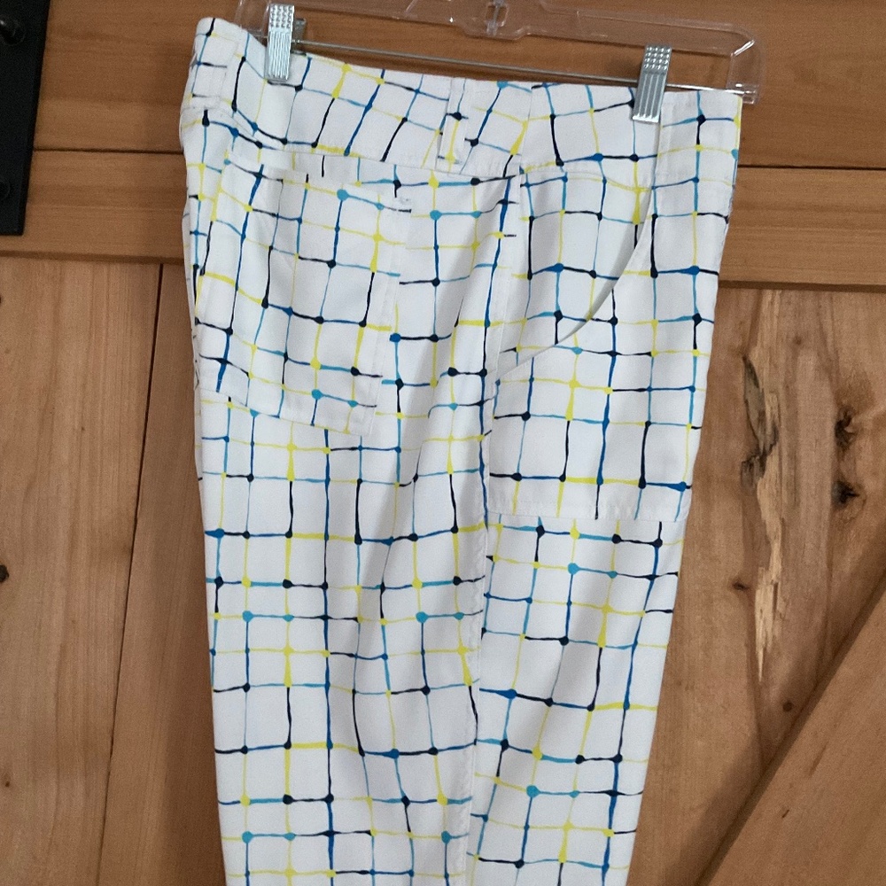 Jofit White Grid-Print Athletic Shorts with Blue and Yellow Accents